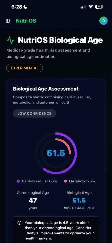 NutriOS Biological Age assessment screen