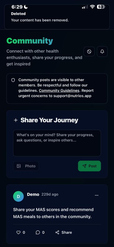 NutriOS Community social feed screen